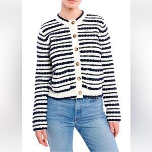 La Ligne Braid Stripe Cardigan in cream navy cotton-blend size L button front